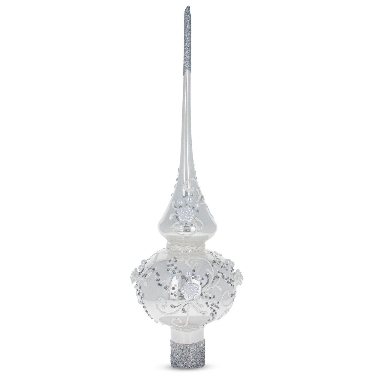 White Roses and Pearls on Glossy White Glass Christmas Tree Topper 11 Inches